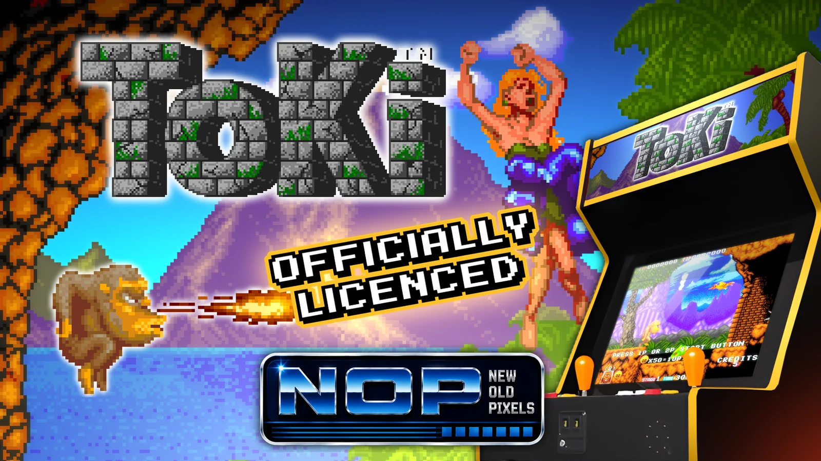 Illustration de l'annonce : le logo de Toki en lettres de pierre, le singe Toki crachant une boule de feu, une femme aux cheveux roux en robe bleue, la mention OFFICIALLY LICENCED, le logo NOP New Old Pixels et une borne d'arcade Toki