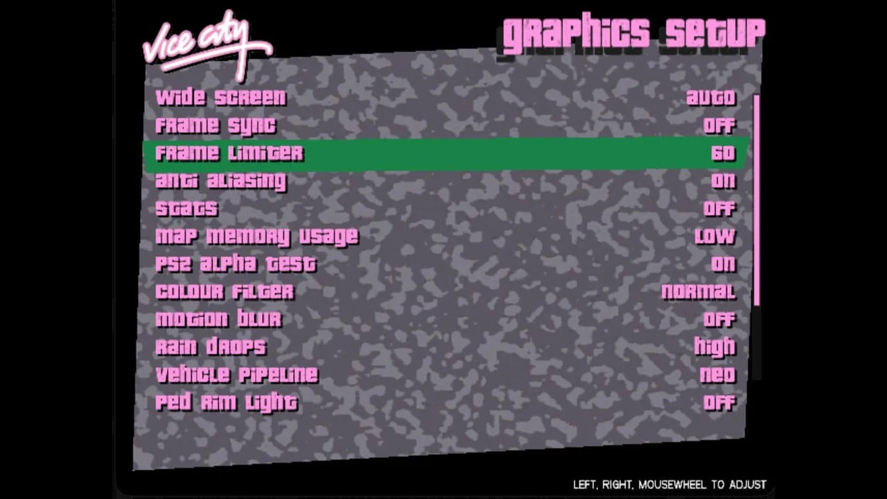 Écran de configuration graphique du port GameCube de GTA Vice City, avec les réglages format d'image, limiteur d'images par seconde, anticrénelage et « PS2 Alpha Test »