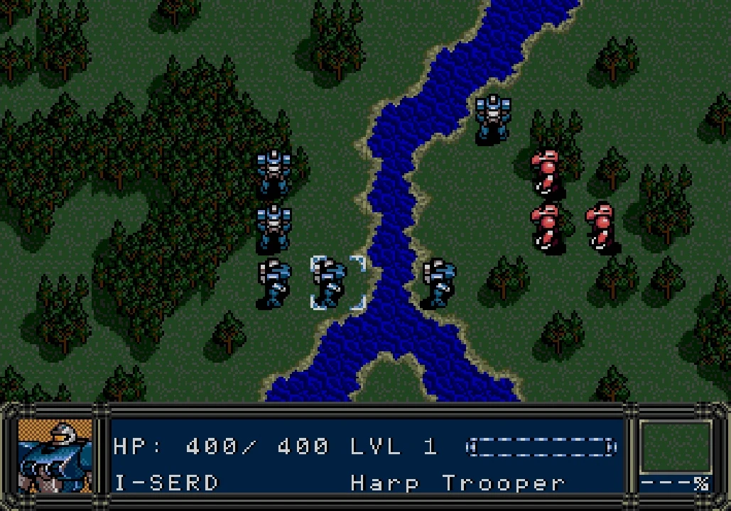 Capture de Vixen 357 : une carte vue de dessus, une forêt traversée par une rivière bleue, surtout des robots bleus à gauche et des robots rouges à droite, et en bas le bandeau HP: 400/ 400 LVL 1, I-SERD, Harp Trooper