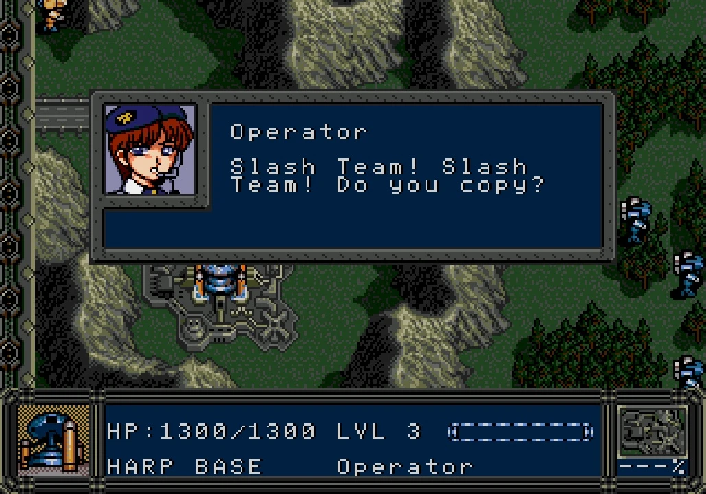 Capture de Vixen 357 : un dialogue au-dessus de la carte, avec le portrait d'une jeune femme en casquette et le texte Operator, Slash Team! Slash Team! Do you copy?