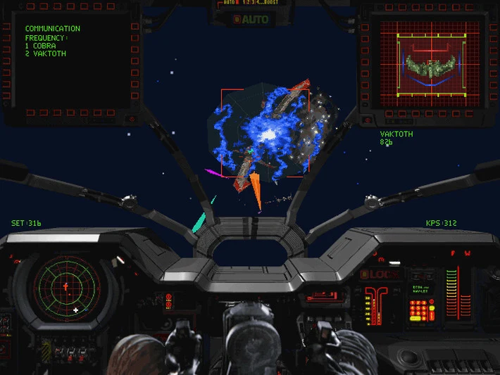 Capture de Wing Commander III : vue depuis le cockpit, un vaisseau dans un nuage d'explosion bleue, encadré par le viseur