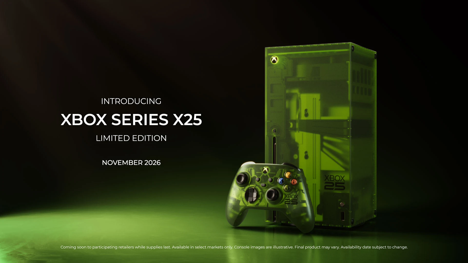 La console et la manette Xbox Series X25, posées ensemble sur un fond sombre, toutes deux dans leur coque translucide vert fluorescent.