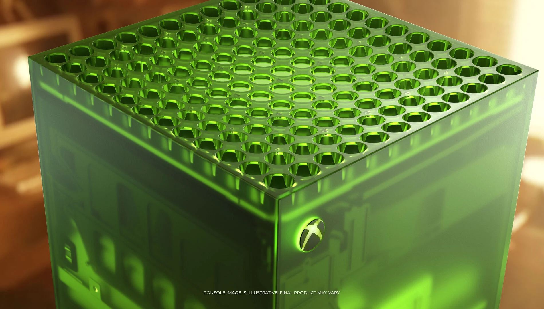 La console Xbox Series X25 Limited Edition, à la coque translucide vert fluorescent laissant voir ses composants internes