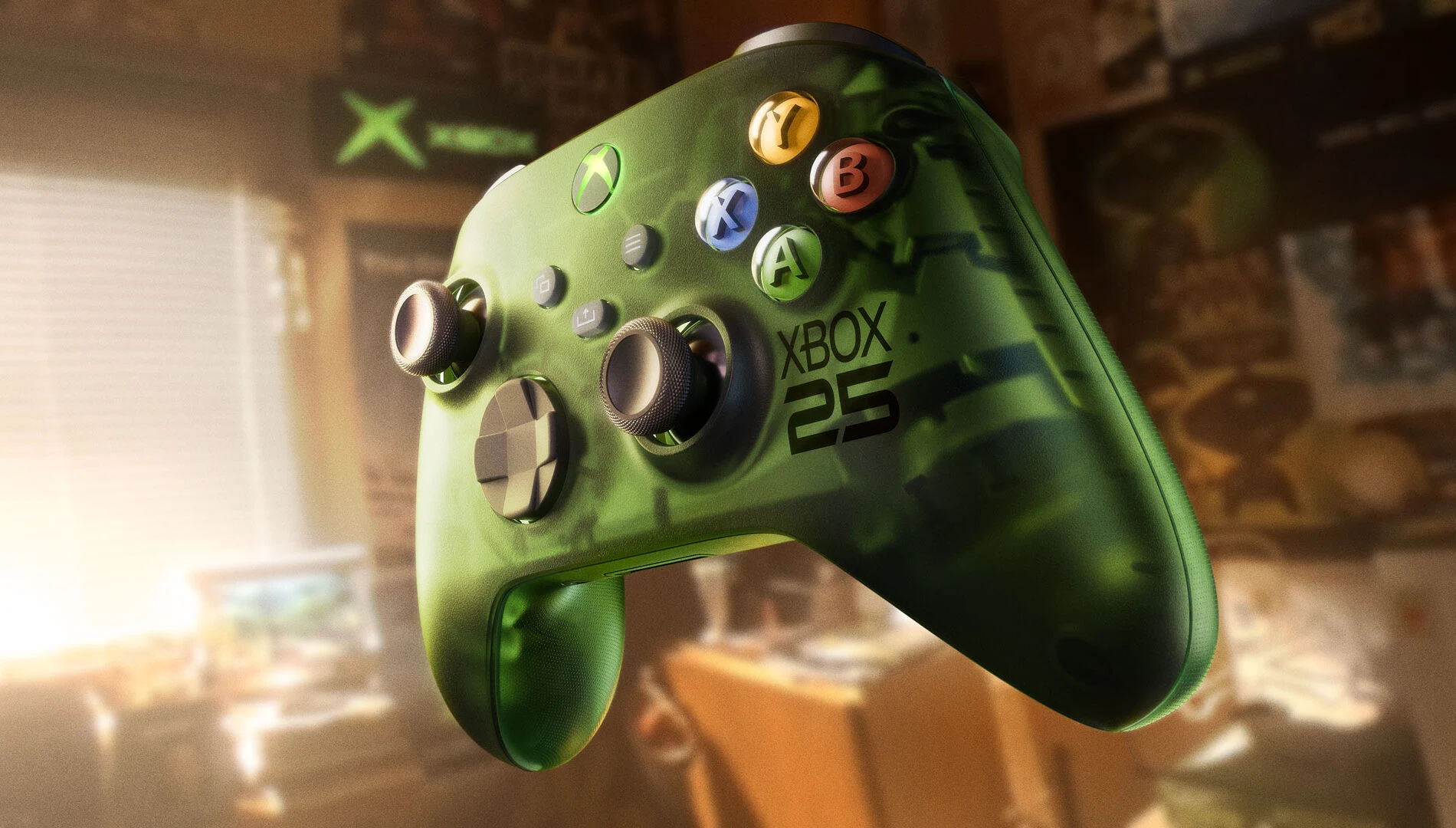 La manette sans fil Xbox Wireless Controller X25 Special Edition, translucide, avec son couvercle de pile transparent qui laisse voir le logo Xbox d'origine.