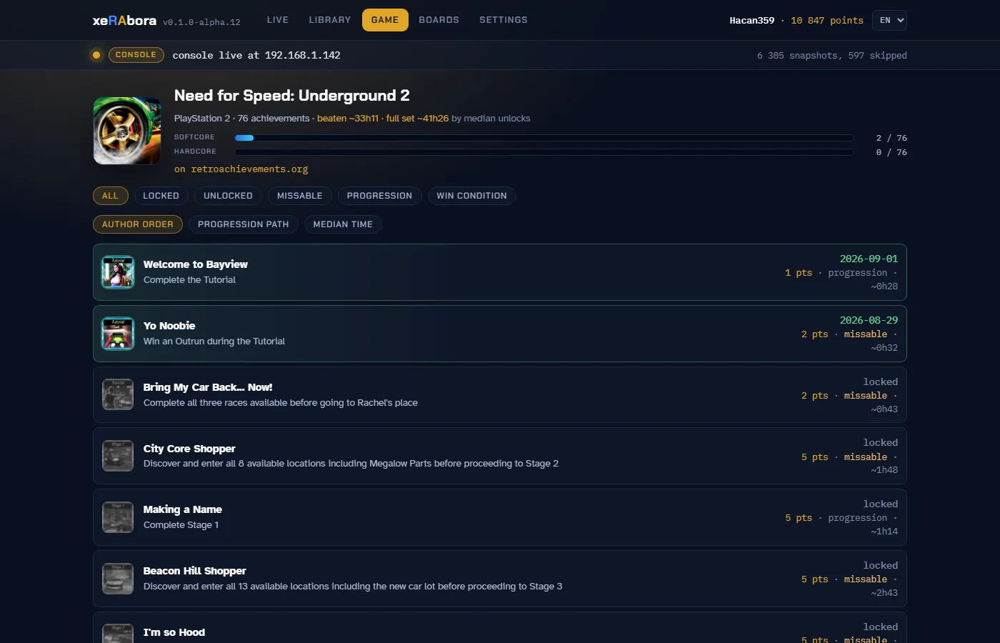 Capture de l'onglet GAME : la fiche de Need for Speed: Underground 2, annoncée avec 76 succès, et le début de la liste : deux succès datés, puis d'autres marqués locked