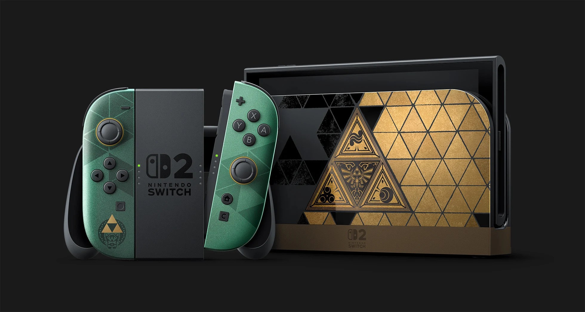 Console Nintendo Switch 2 édition 40e anniversaire de Zelda, Joy-Con 2 verts au blason Triforce doré, dock à motif triangulaire noir et or frappé de l'emblème d'Hyrule