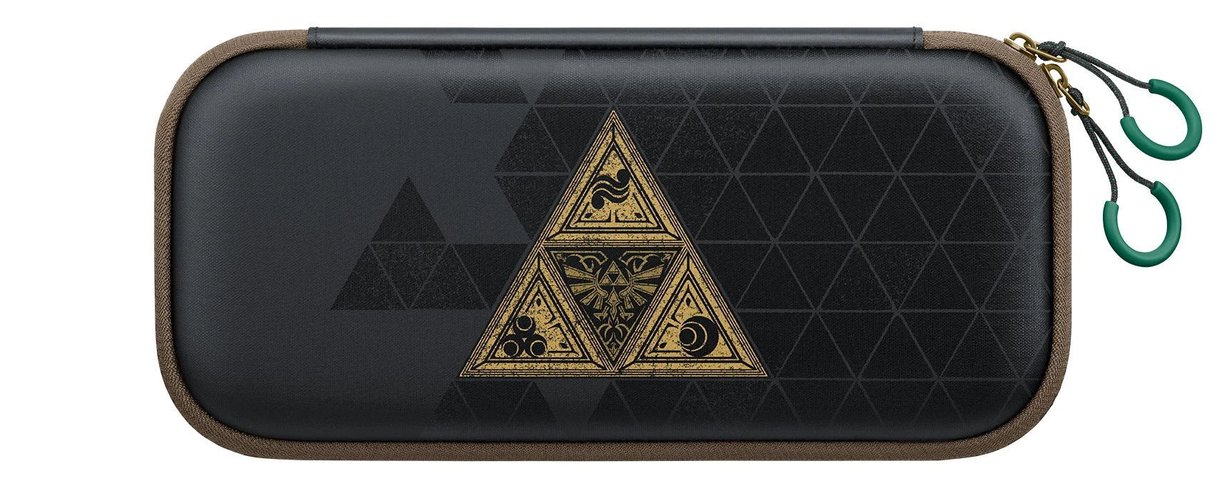 Étui de transport Nintendo Switch 2 édition 40e anniversaire de Zelda, même motif triangulaire noir et or, bordure marron et tirettes de zip vertes