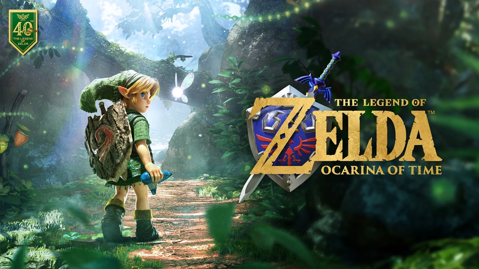 Illustration officielle du remake : Link enfant tenant un ocarina bleu, un bouclier de bois sur le dos, dans une forêt face à une fée lumineuse, écusson vert et or du 40e anniversaire de Zelda en haut à gauche, logo du jeu à droite