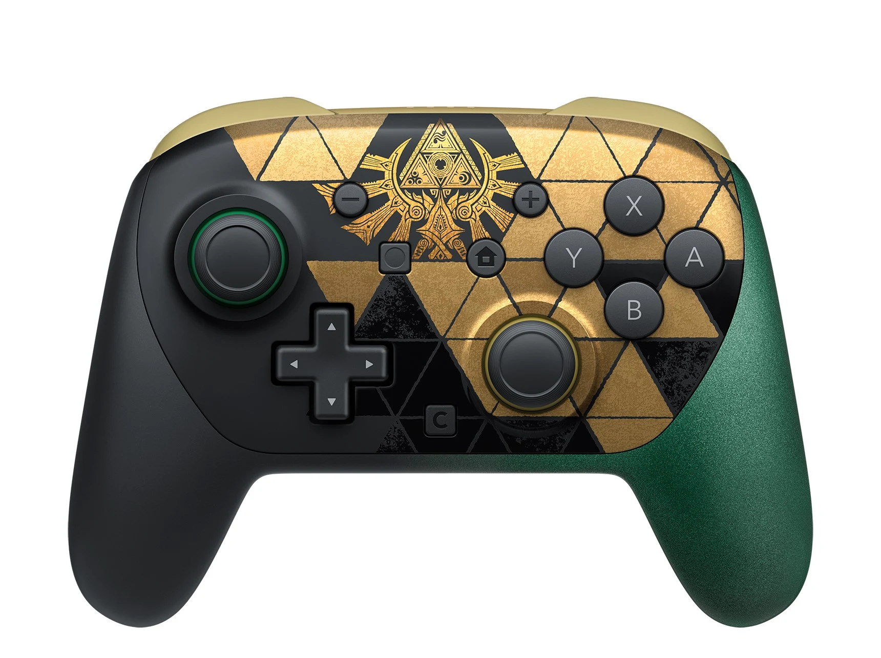 Manette Nintendo Switch 2 Pro édition 40e anniversaire de Zelda, motif triangulaire noir et or, blason d'Hyrule orné d'une Triforce en haut de la face, dégradé vert sur la poignée droite