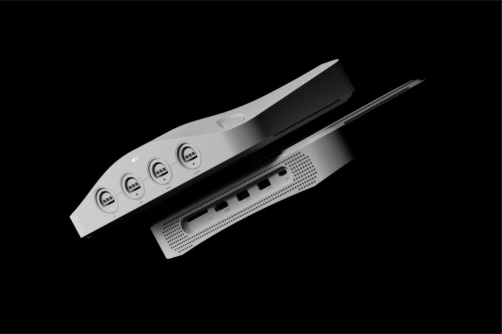 Vue rapprochée des quatre ports manette, du port HDMI, des ports USB et du lecteur de carte SD de l'Analogue 3D