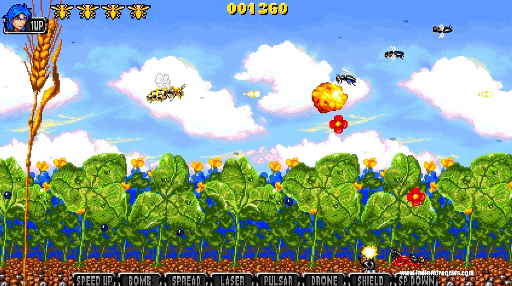 Illustration du remake Apidya' Special montrant l'abeille pilote survolant un décor de marais en pixel art coloré