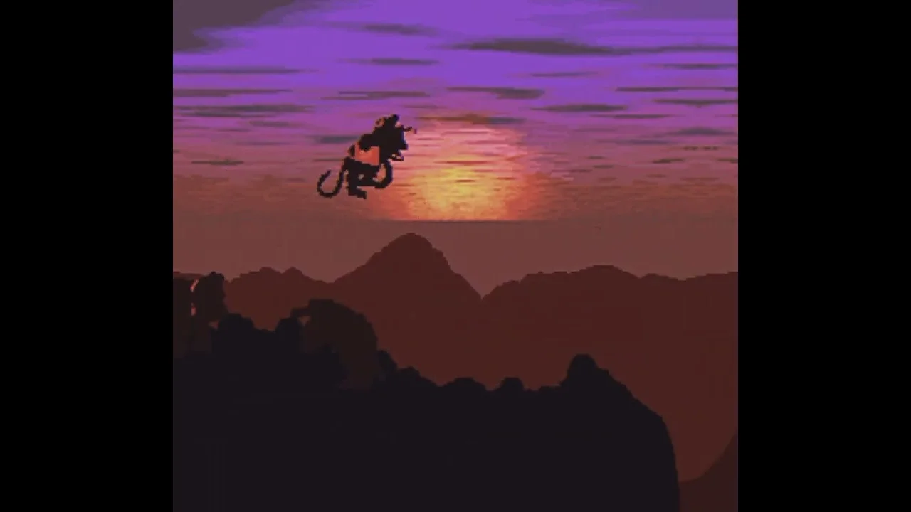 Silhouette d'un personnage Kong bondissant devant un coucher de soleil violet et orange, image extraite de la bande-annonce de Donkey Kong Country 4