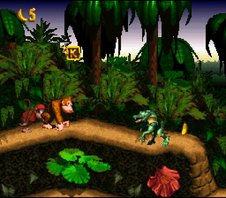 Donkey Kong et Diddy Kong face à un Kritter dans un niveau de jungle de Donkey Kong Country