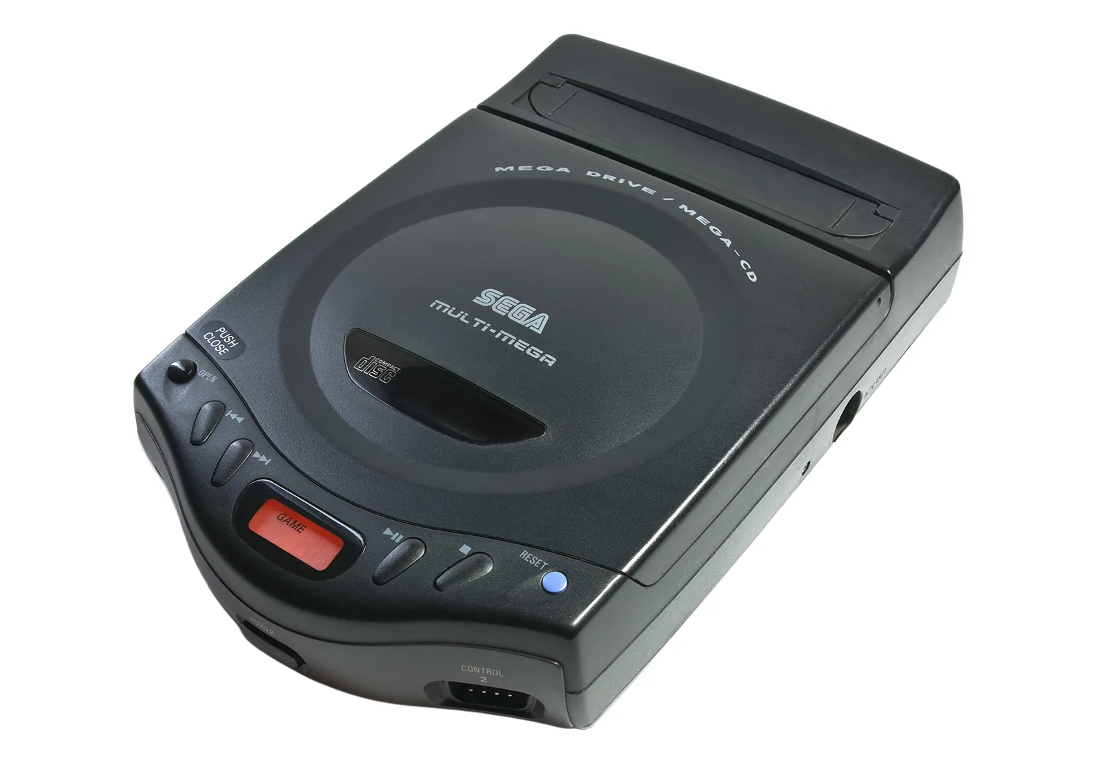 Le Sega Multi-Mega, version européenne du CDX, boîtier noir de la taille d'un baladeur CD
