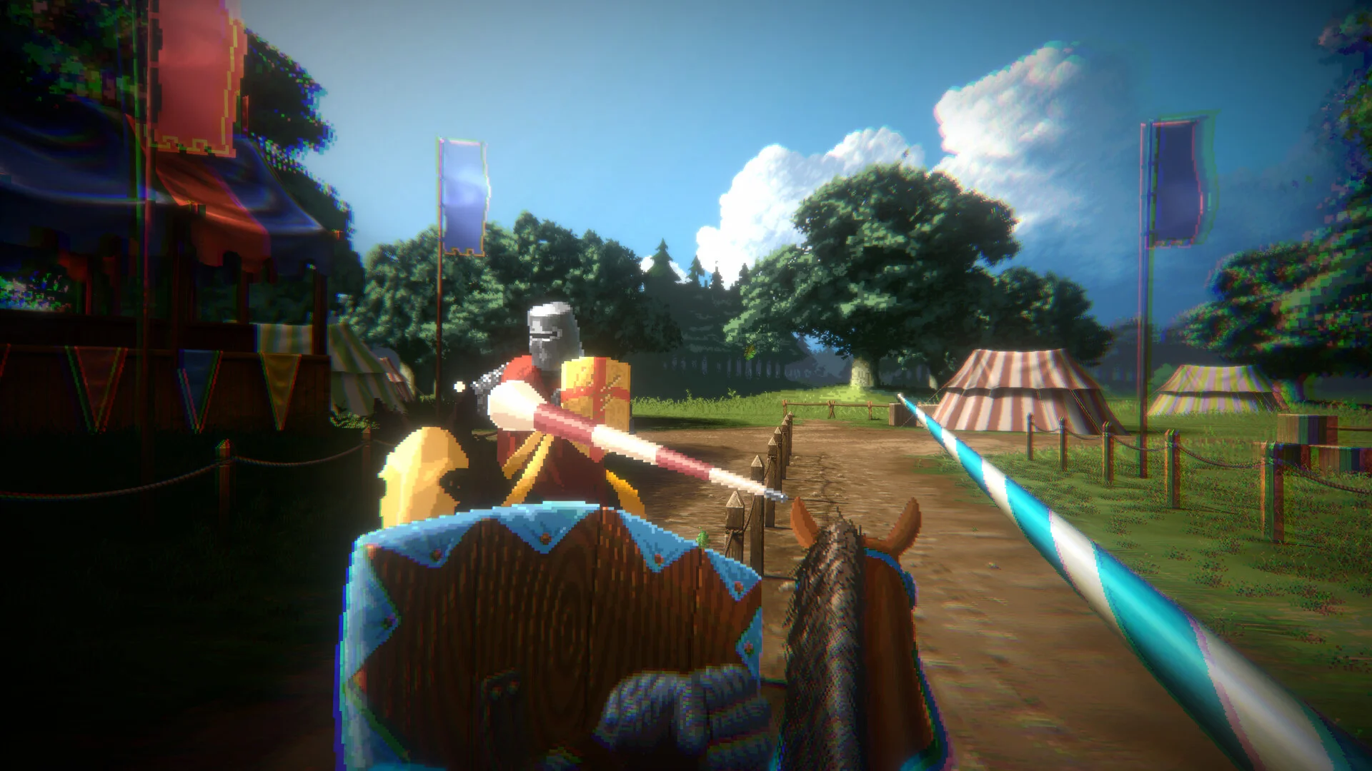 Capture du Classic Mode, montrant une joute à la première personne entre deux chevaliers sur un terrain de tournoi avec tentes et bannières