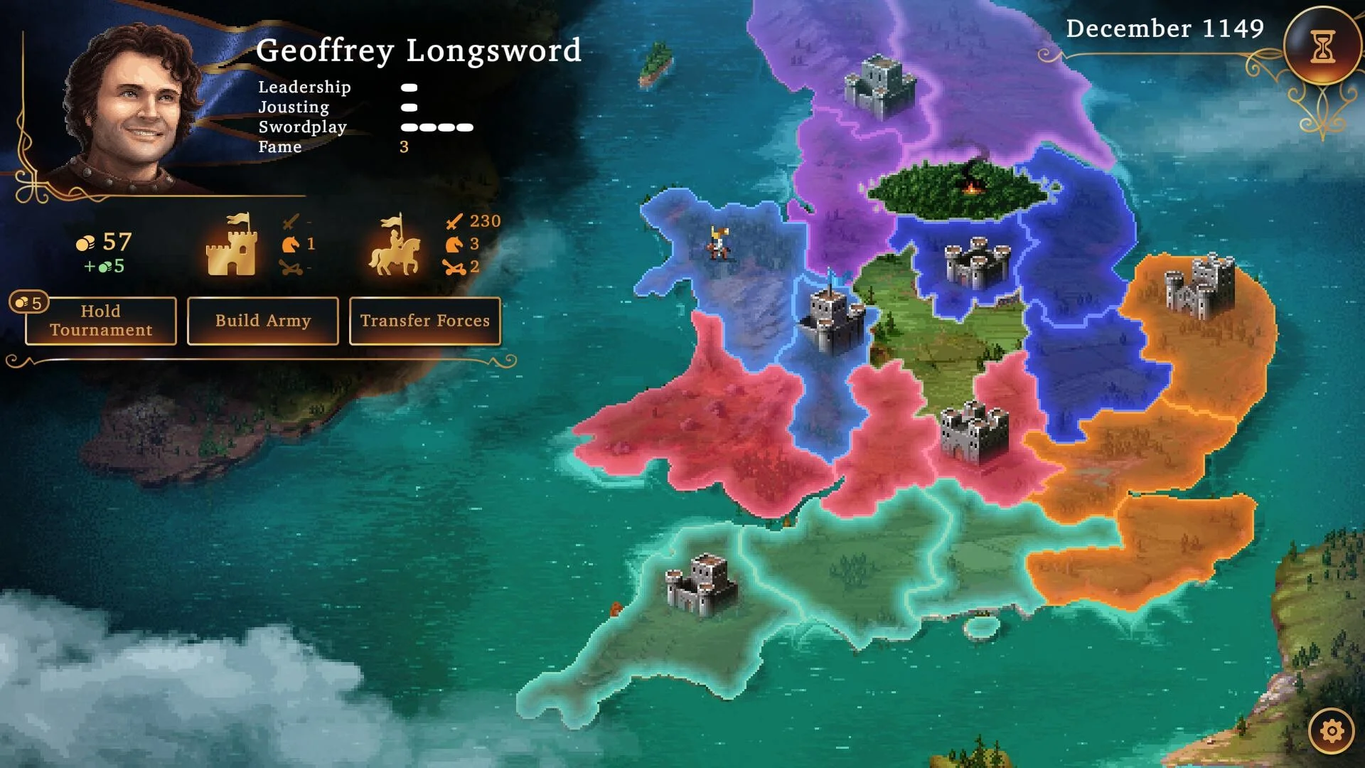 Capture du Kingdom Mode de Defender of the Crown: The Legend Returns, montrant une carte de territoires colorés avec châteaux, ressources et menu d'actions du chevalier Geoffrey Longsword