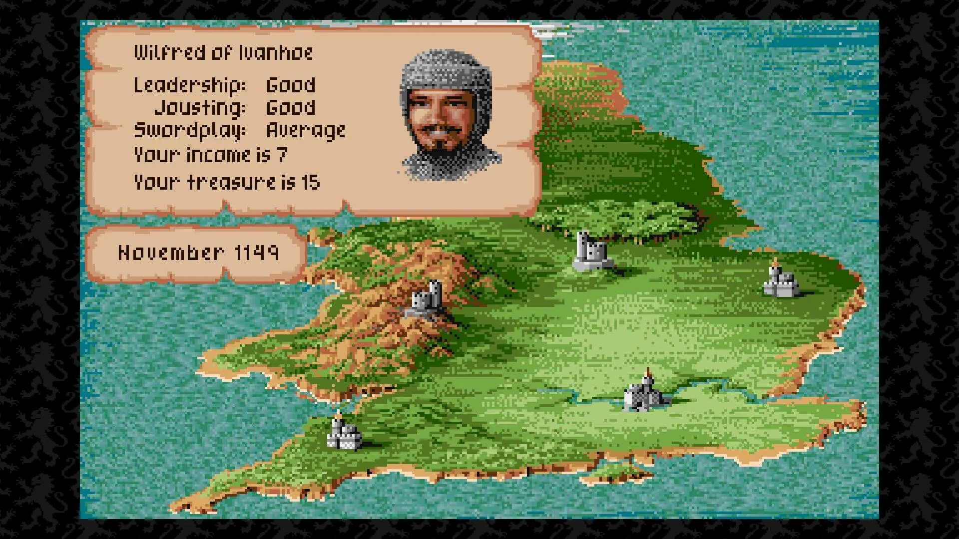 Capture du Retro Mode de Defender of the Crown: The Legend Returns, reproduisant fidèlement l'interface pixelisée du jeu Amiga de 1986 avec le portrait du chevalier Wilfred of Ivanhoe