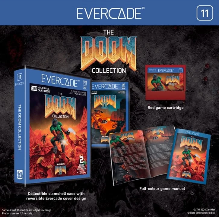 Boîtier et cartouche de la DOOM Collection sur Evercade, avec jaquette rouge illustrée
