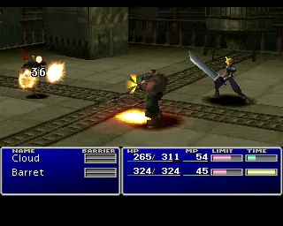 Un combat de Final Fantasy VII (1997), dont les décors pré-calculés et les cinématiques, étalés sur trois CD, ne pouvaient pas tenir sur une cartouche de Nintendo 64.