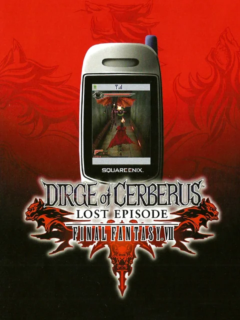 Jaquette de Dirge of Cerberus: Lost Episode montrant un téléphone mobile japonais Square Enix affichant le jeu en cours