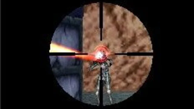 Vue à travers une lunette de visée dans Dirge of Cerberus: Lost Episode, ciblant un ennemi robotique