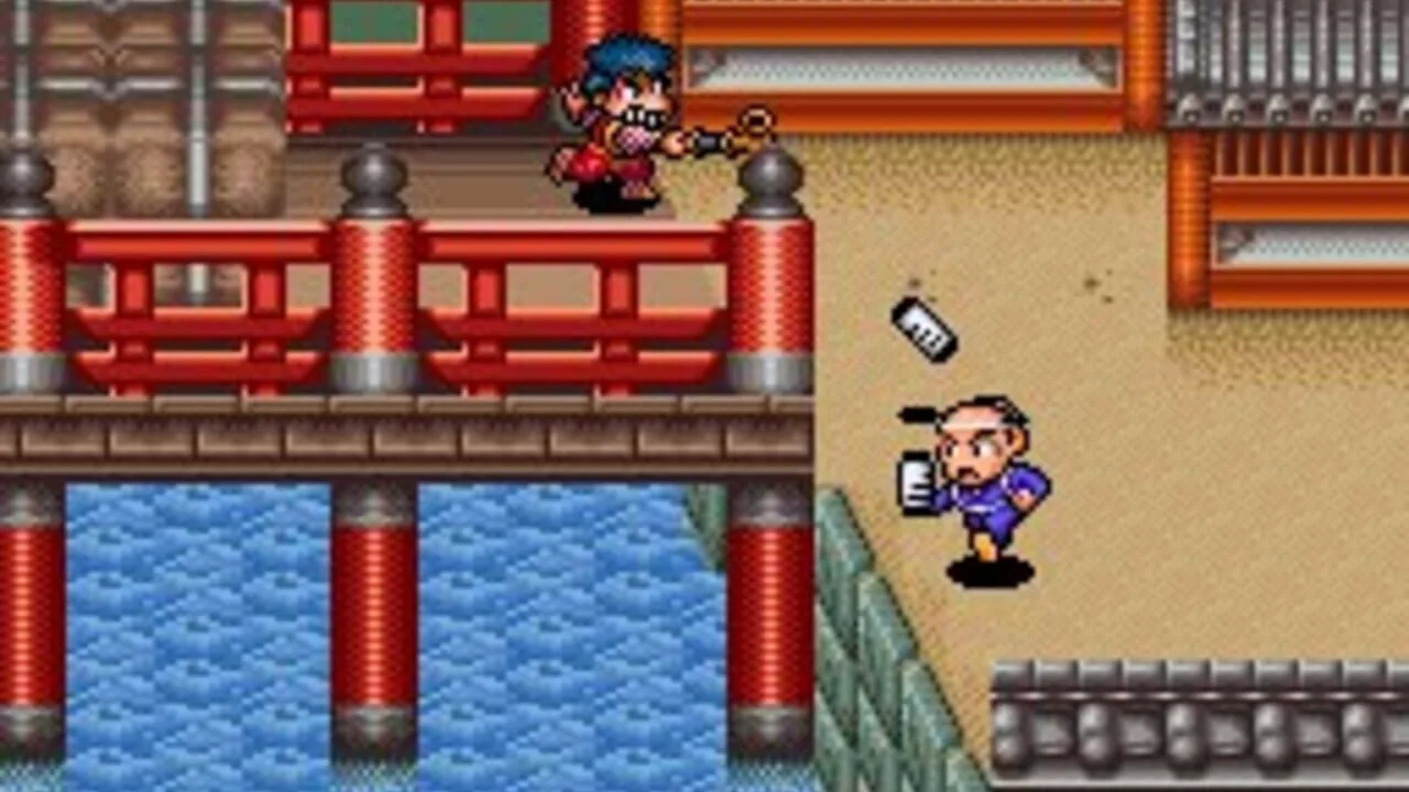 Goemon lançant des pièces dans une ville de l'ère Edo