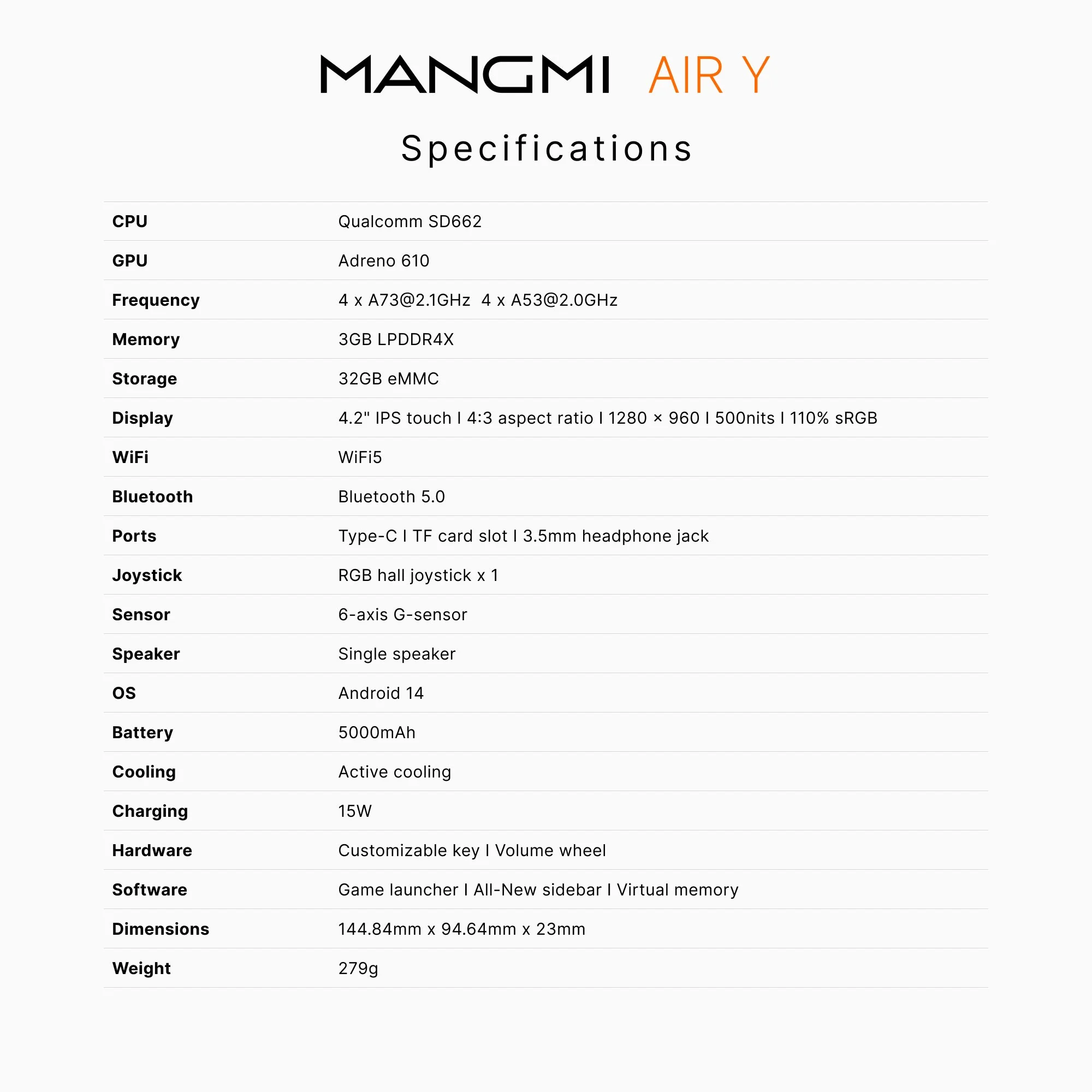 Fiche technique officielle de l'Air Y et l'Air Y Pro publiée par Mangmi, détaillant puce, écran, mémoire et connectique