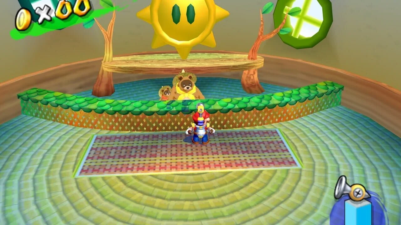 Mario dans Super Mario Sunshine face à deux personnages costumés en ours dans un décor ensoleillé, capture du jeu GameCube