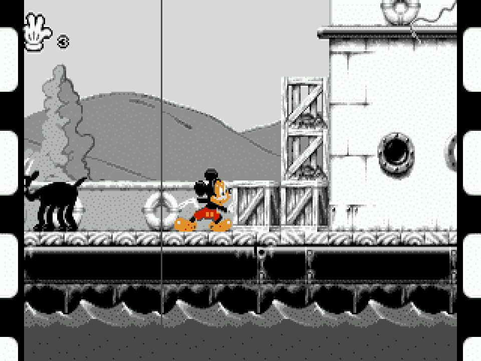 Capture de Mickey Mania (1994) sur Mega Drive, niveau Steamboat Willie en noir et blanc