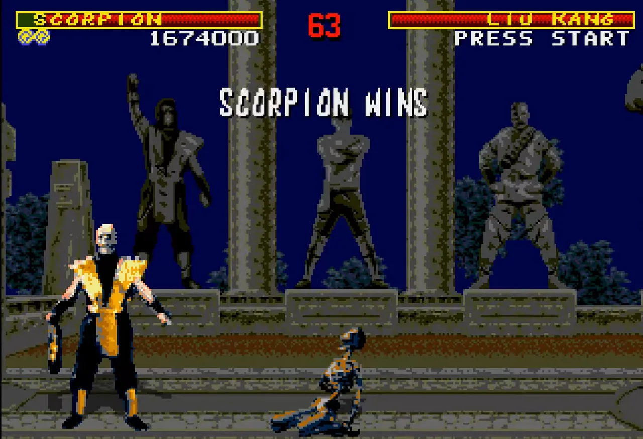 « Scorpion wins » : le style numérisé de Mortal Kombat, omniprésent dans les cours de récré en 1993. (Mortal Kombat, Midway, via IGDB.)