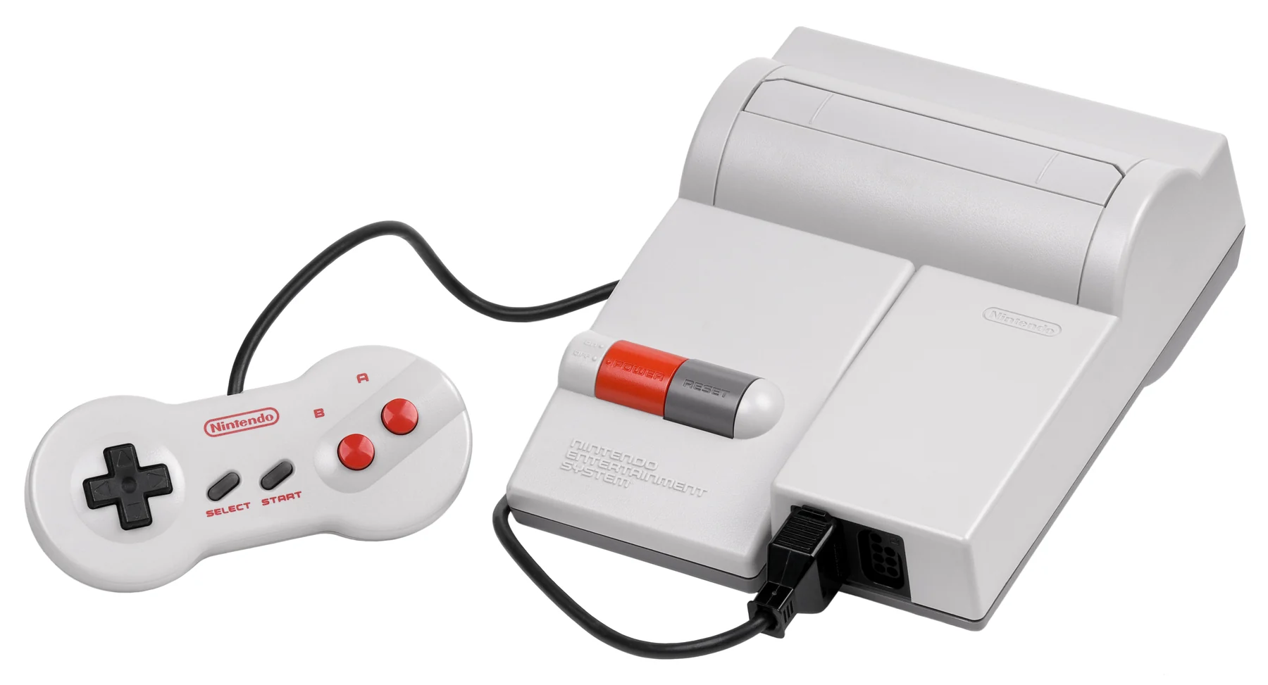 La Nintendo Entertainment System modèle NES-101, boîtier gris compact à chargement par le dessus, posée à côté de sa manette