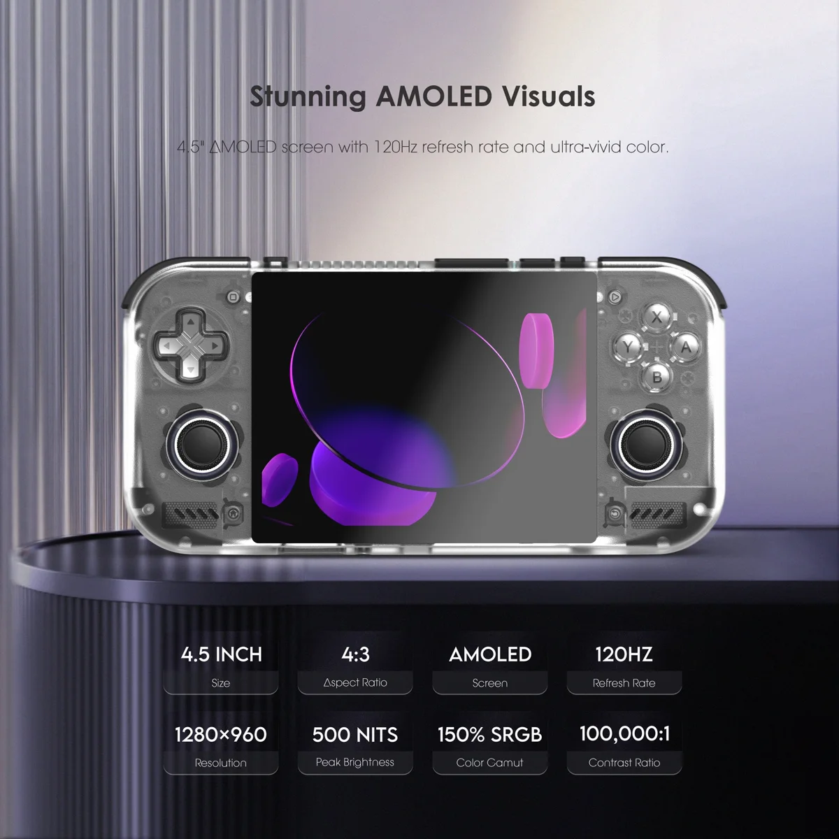 Fiche écran officielle : AMOLED 4,5 pouces, 4:3, 1280 par 960, 120 Hz, 500 nits