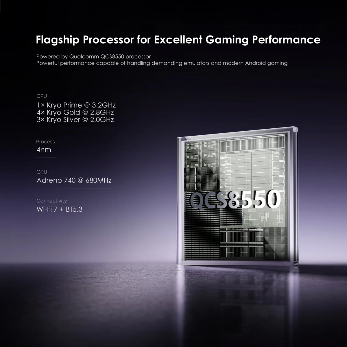 Fiche processeur officielle : Qualcomm QCS8550, gravure 4 nm, Adreno 740, Wi-Fi 7