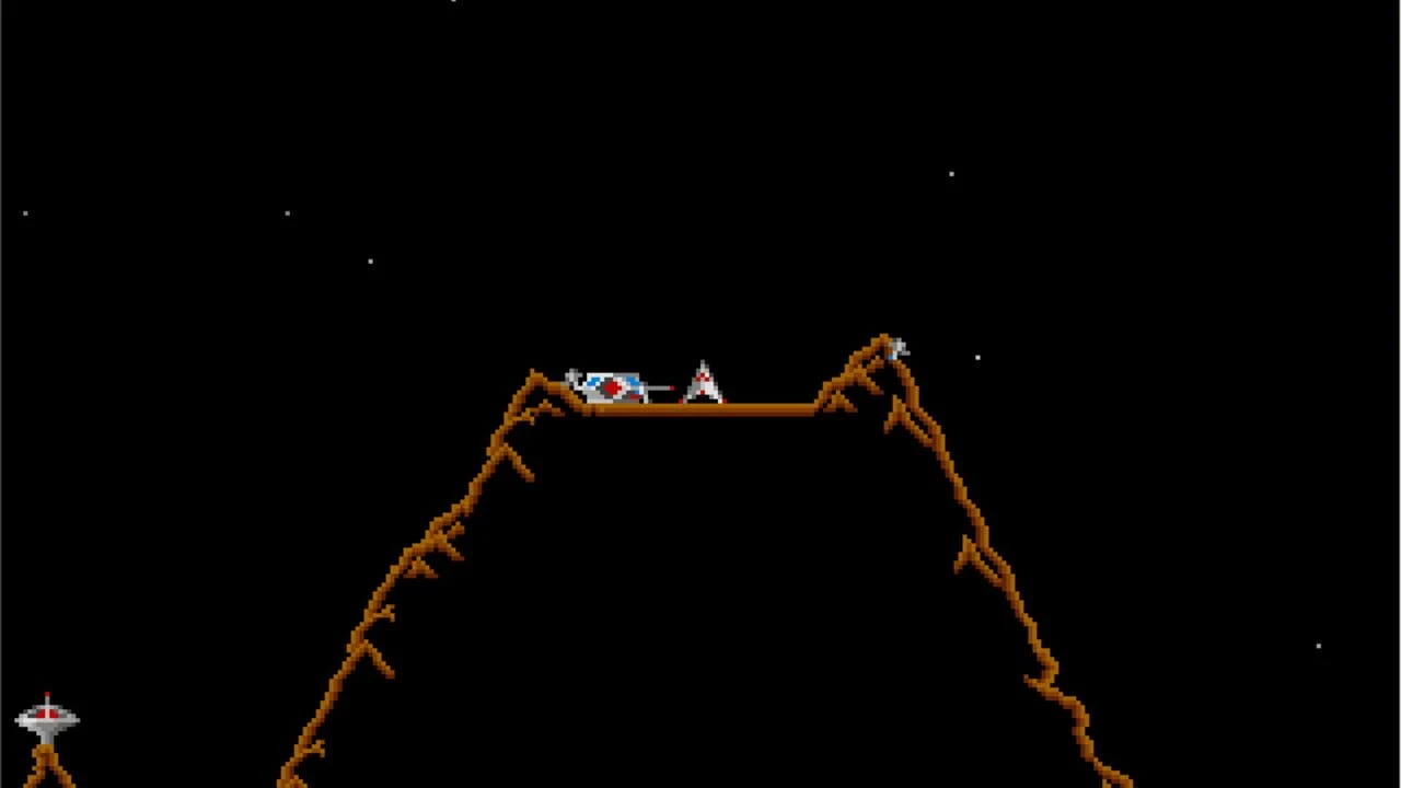 Capture d'écran du jeu Oids, montrant un petit vaisseau propulsé au-dessus d'un terrain accidenté parsemé de tourelles de défense