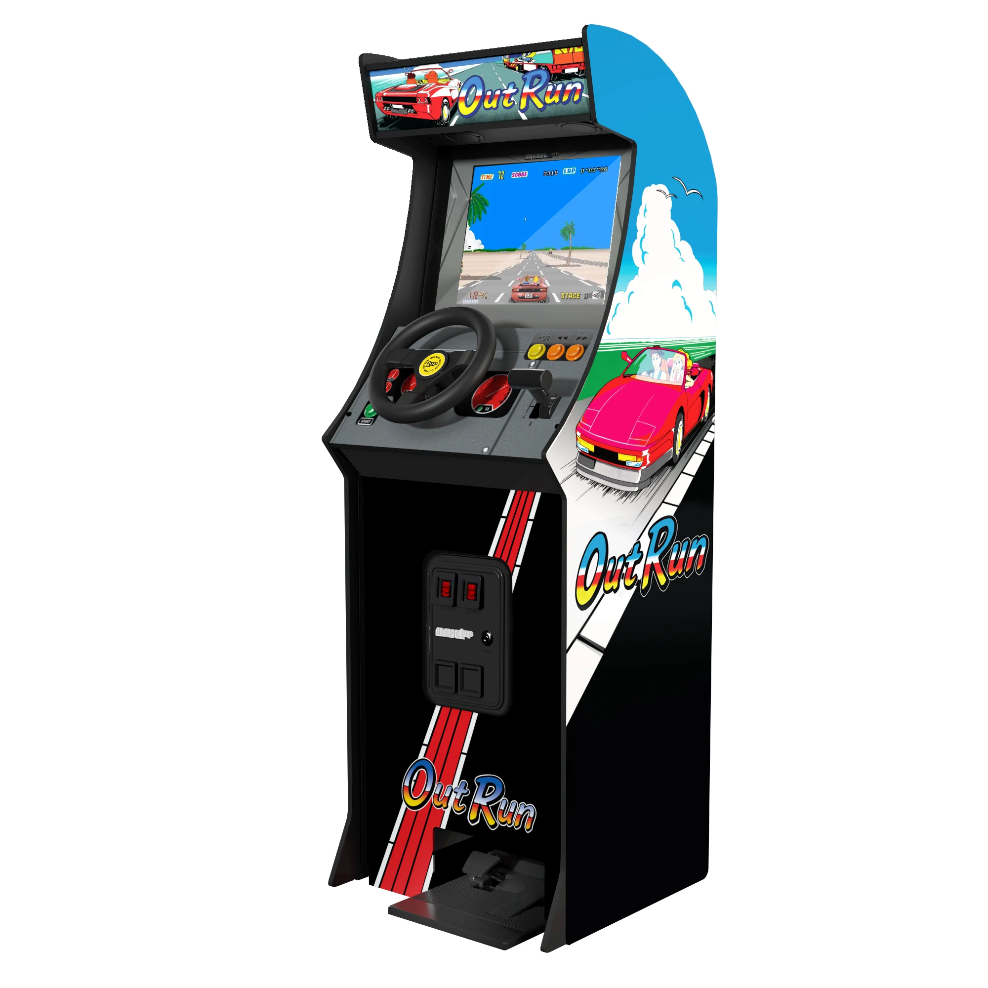 Le cabinet d'arcade OutRun Supreme d'Arcade1Up, vu de trois quarts