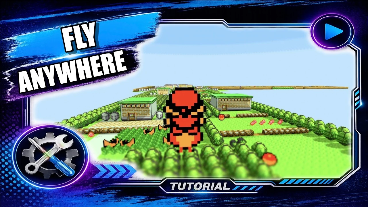 Capture d'écran montrant un dresseur volant au-dessus de Kanto à dos de Charizard dans le mod voxel de Pokémon Rouge et Bleu
