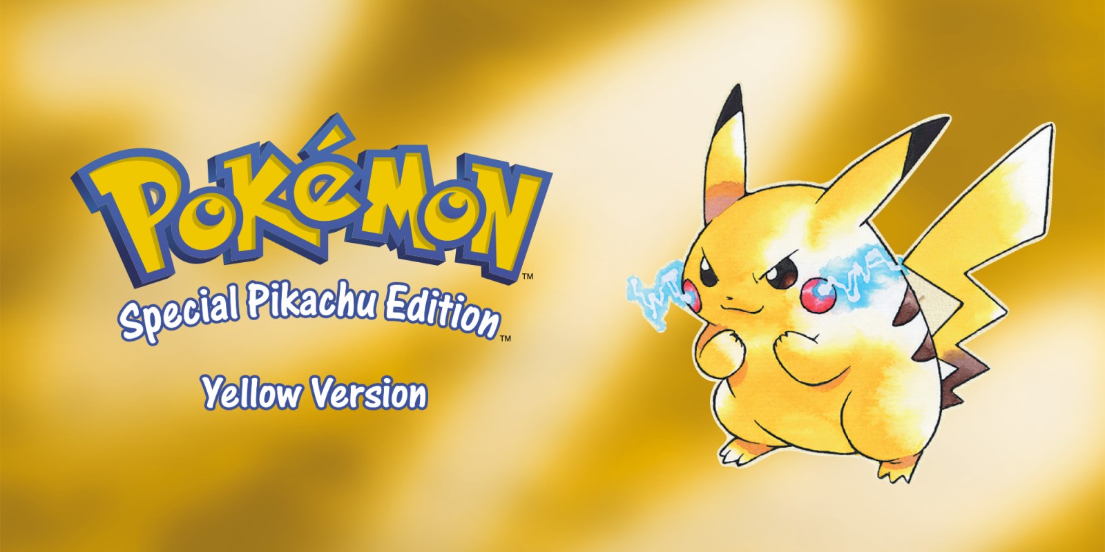 Illustration officielle de Pokémon Jaune montrant le logo doré du jeu et un Pikachu électrisé