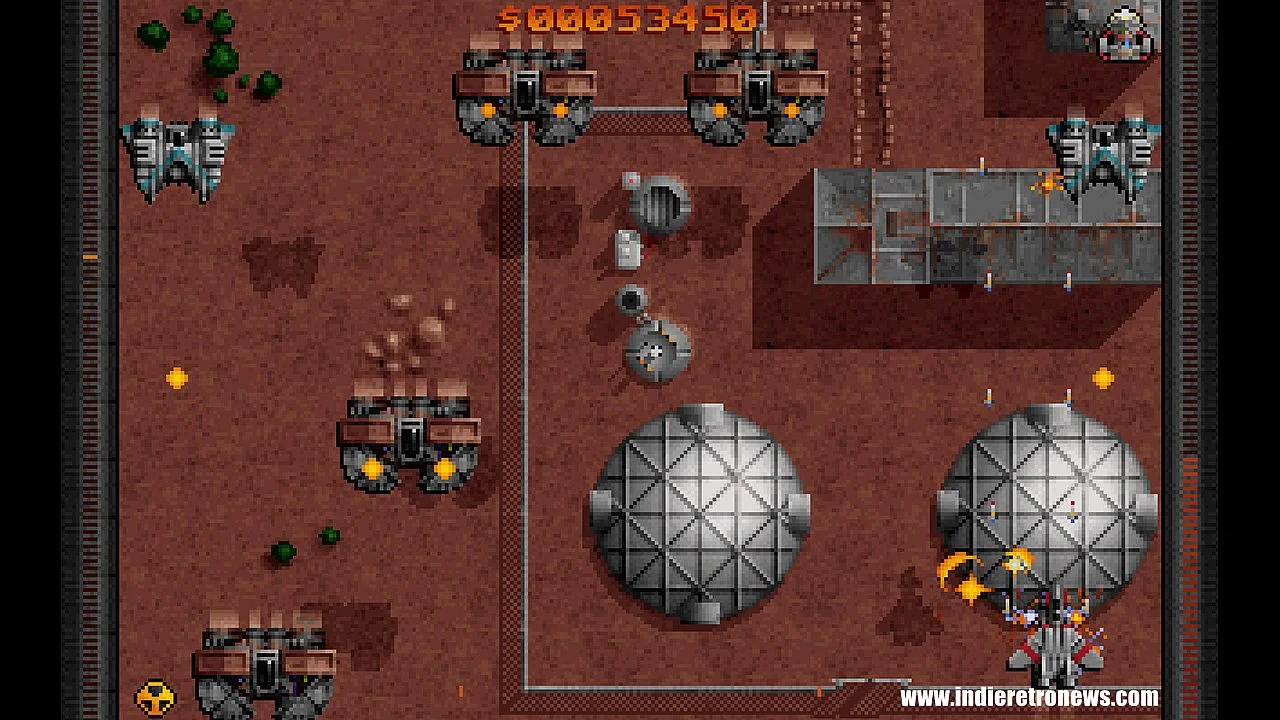 Capture du portage Amiga de Raptor: Call of the Shadows en plein niveau, avec vaisseaux ennemis et bâtiments industriels vus du dessus
