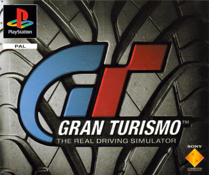 Illustration de la jaquette européenne de Gran Turismo (1997) : le logo GT sur une bande de roulement de pneu