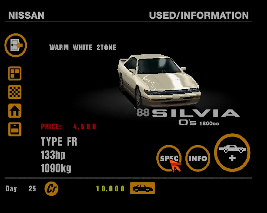 Capture de Gran Turismo sur PlayStation, version européenne : la fiche d'une Nissan Silvia d'occasion chez le concessionnaire