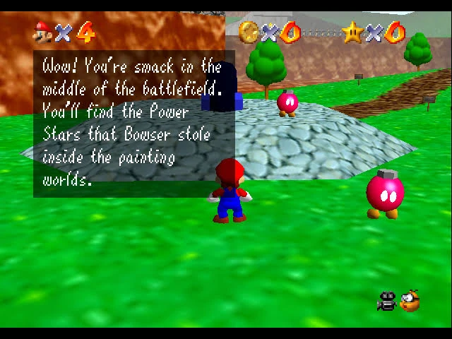 Capture de Super Mario 64 sur Nintendo 64 : Mario dans la plaine du parcours des Bob-omb