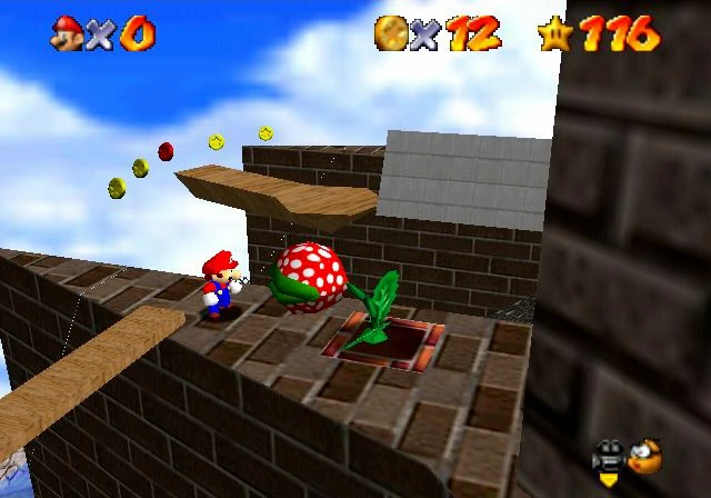 Capture de Super Mario 64 sur Nintendo 64 : Mario sur un chemin de briques en hauteur, face à une plante piranha