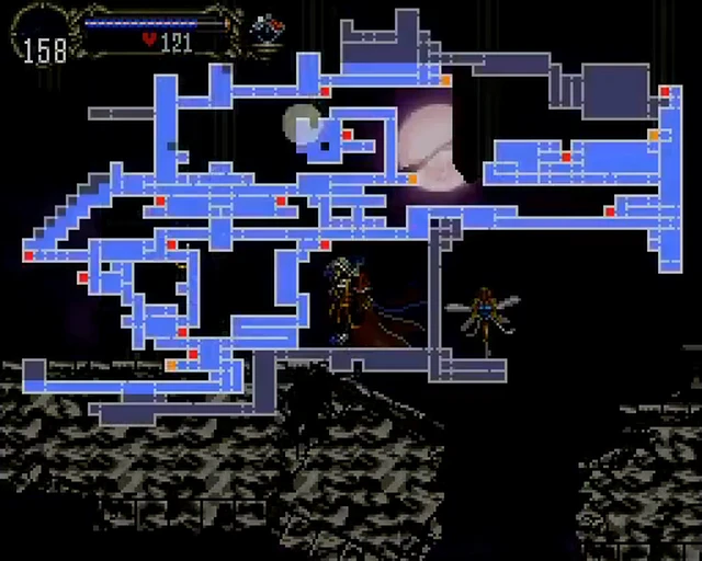 Capture de Castlevania: Symphony of the Night sur PlayStation : la carte du château ouverte par-dessus l'action