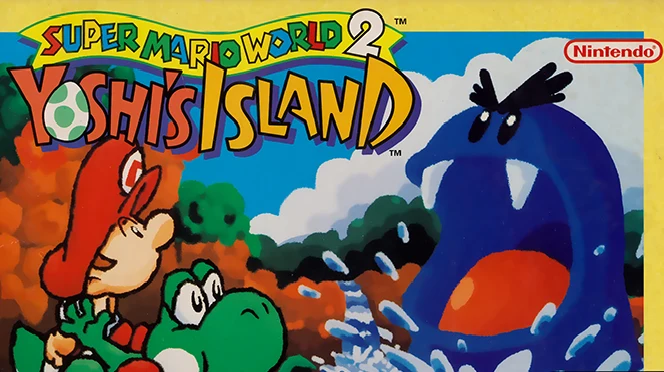 Illustration de la jaquette européenne de Super Mario World 2: Yoshi's Island (1995) : bébé Mario sur le dos de Yoshi, face à un monstre bleu