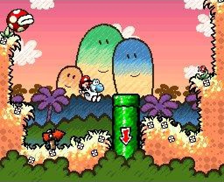 Capture de Super Mario World 2: Yoshi's Island sur Super Nintendo : un décor de collines pastel hachurées comme au crayon