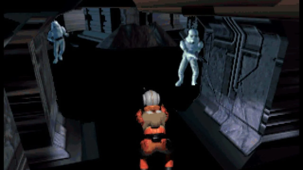Capture d'écran de Star Wars: Rebel Assault II montrant Rookie One face à deux soldats de l'Empire dans un couloir