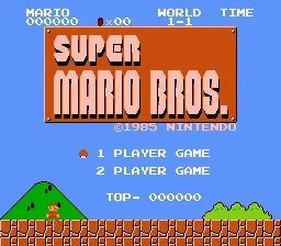 L'écran-titre de Super Mario Bros. (1985), le jeu fourni avec la NES.