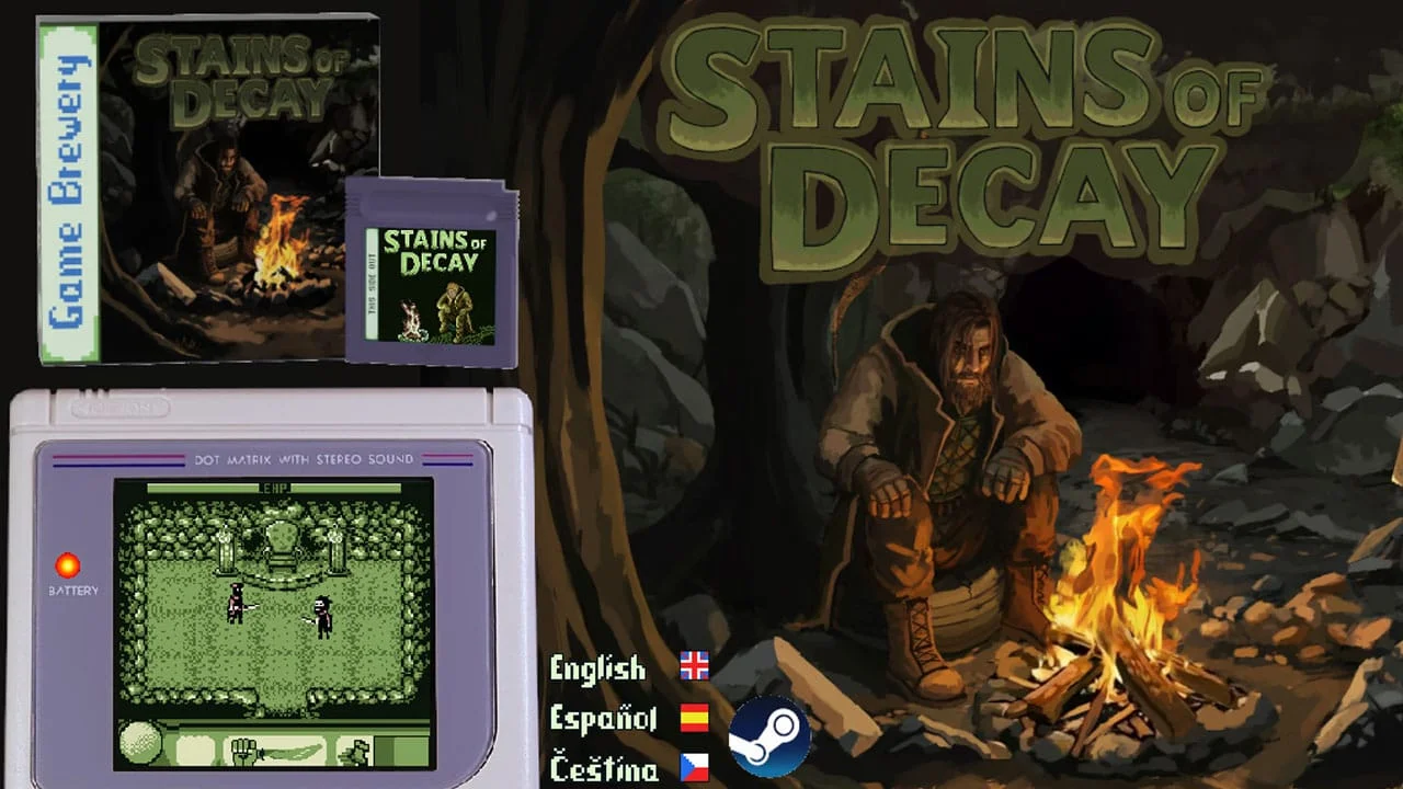 Illustration de Stains of Decay montrant la boîte, la cartouche Game Boy et une capture de combat en jeu