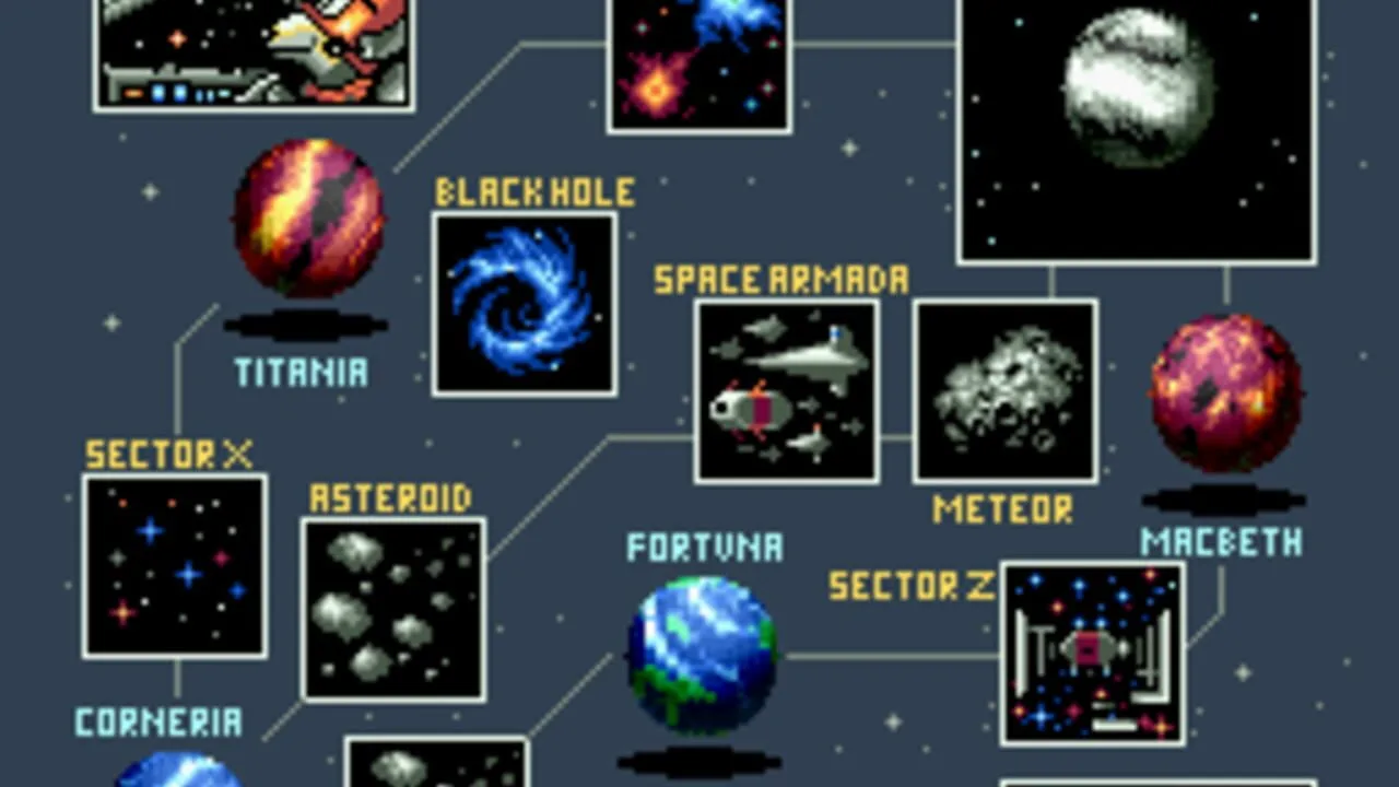 Capture d'écran de Star Fox montrant la carte des secteurs de la galaxie Lylat