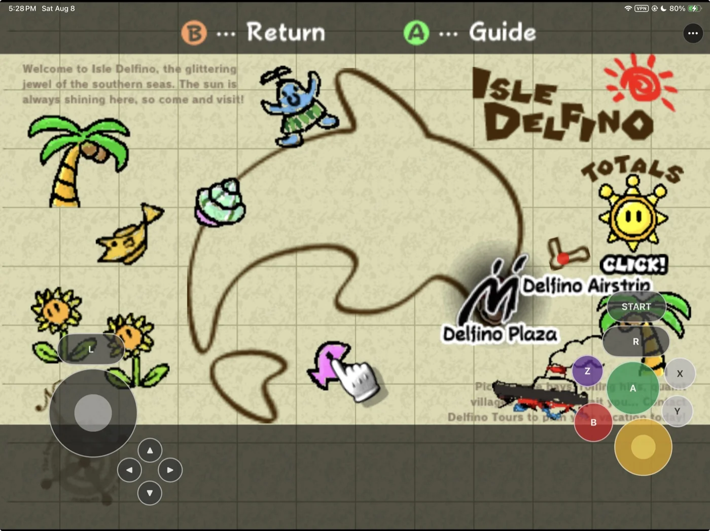Carte de l'île Delfino affichée dans Super Mario Sunshine tournant sur SunPad, avec commandes tactiles